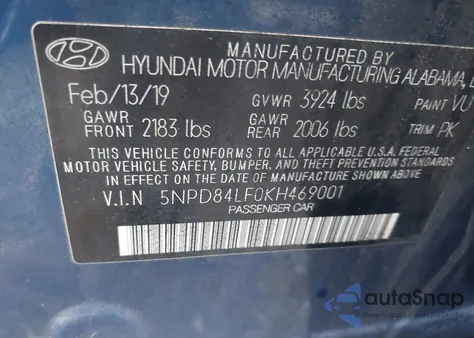 2019 Hyundai Elantra Limited from USA, damaged, VIN 5NPD84LF0KH469001